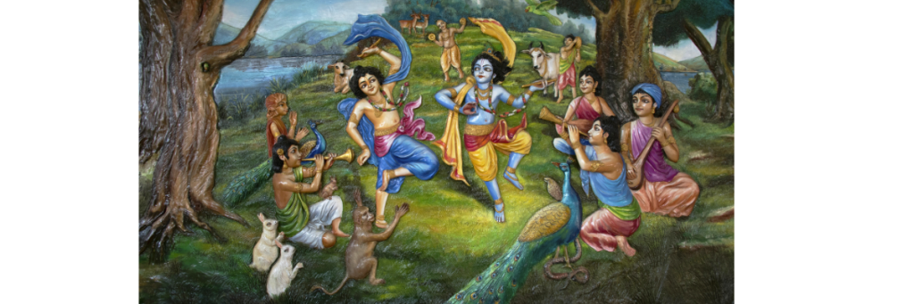 Lord Krishna with Gopas and cows celebrating Gopashtami, symbolizing protection of cows in Vrindavan