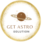 A logo for Get Astro Solution featuring a brown planet with rings and stars inside a shimmering gold circular border.
